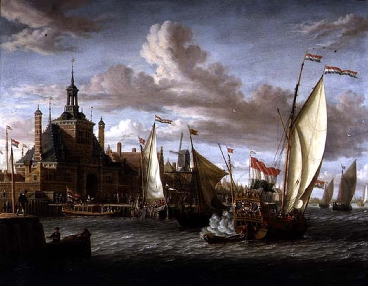 A Zeeland States Yacht Firing a Salute off the Dude Hoofdpoort, Rotterdam by Jacob Storck