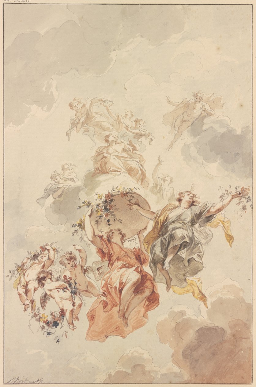 Genii and Cupids Grouped Around a Basket of Flowers Ascending Towards Heaven by Jacob de Wit