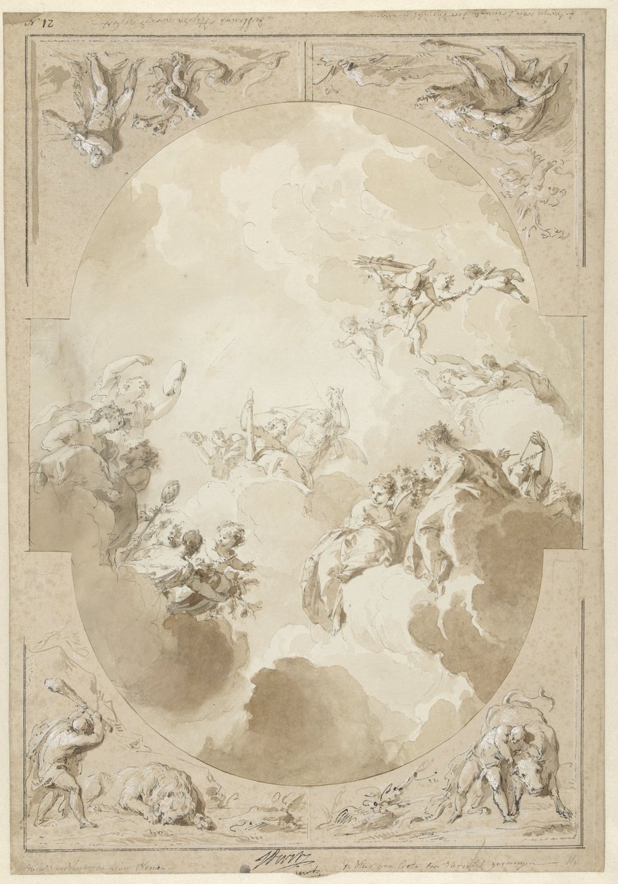 Design for a Ceiling Painting with the Apotheosis of Hercules and Four of His Labors by Jacob de Wit