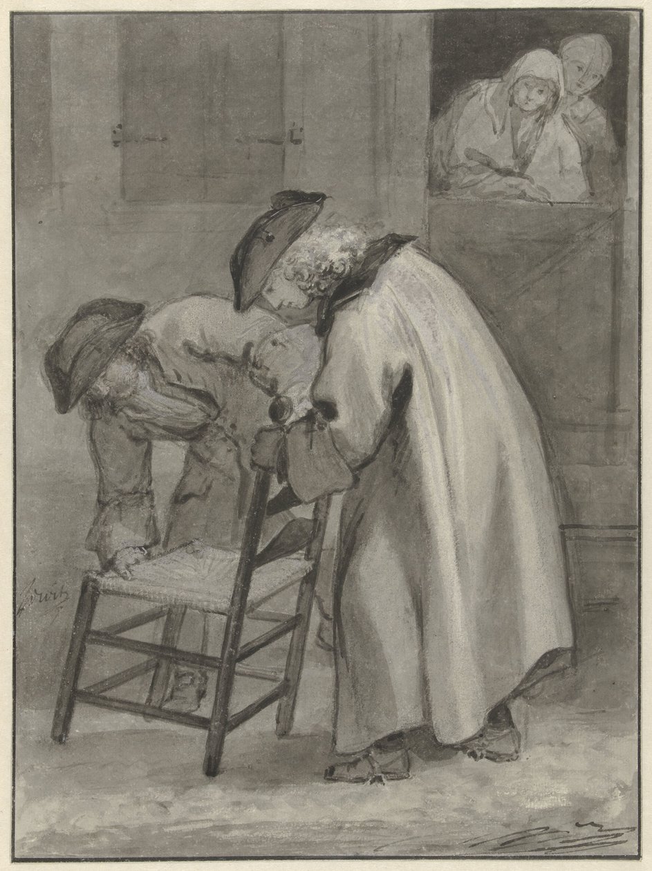 Two Men with Hats Looking at a Wicker Chair by Jacob de Wit