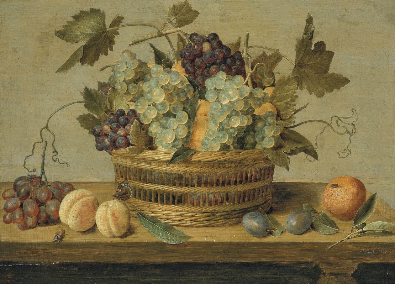 Nectarines and Grapes in a Basket on a Table, with Plums, Oranges, a Butterfly and a Beetle by Jacob van Hulsdonck