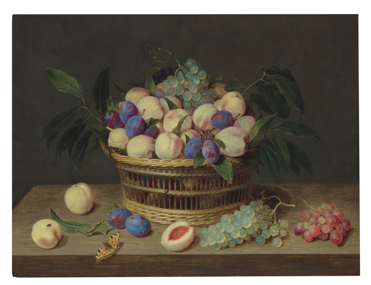 Peaches, Plums and Grapes in a Wicker Basket, with Fruit and a Butterfly on a Wooden Table by Jacob van Hulsdonck