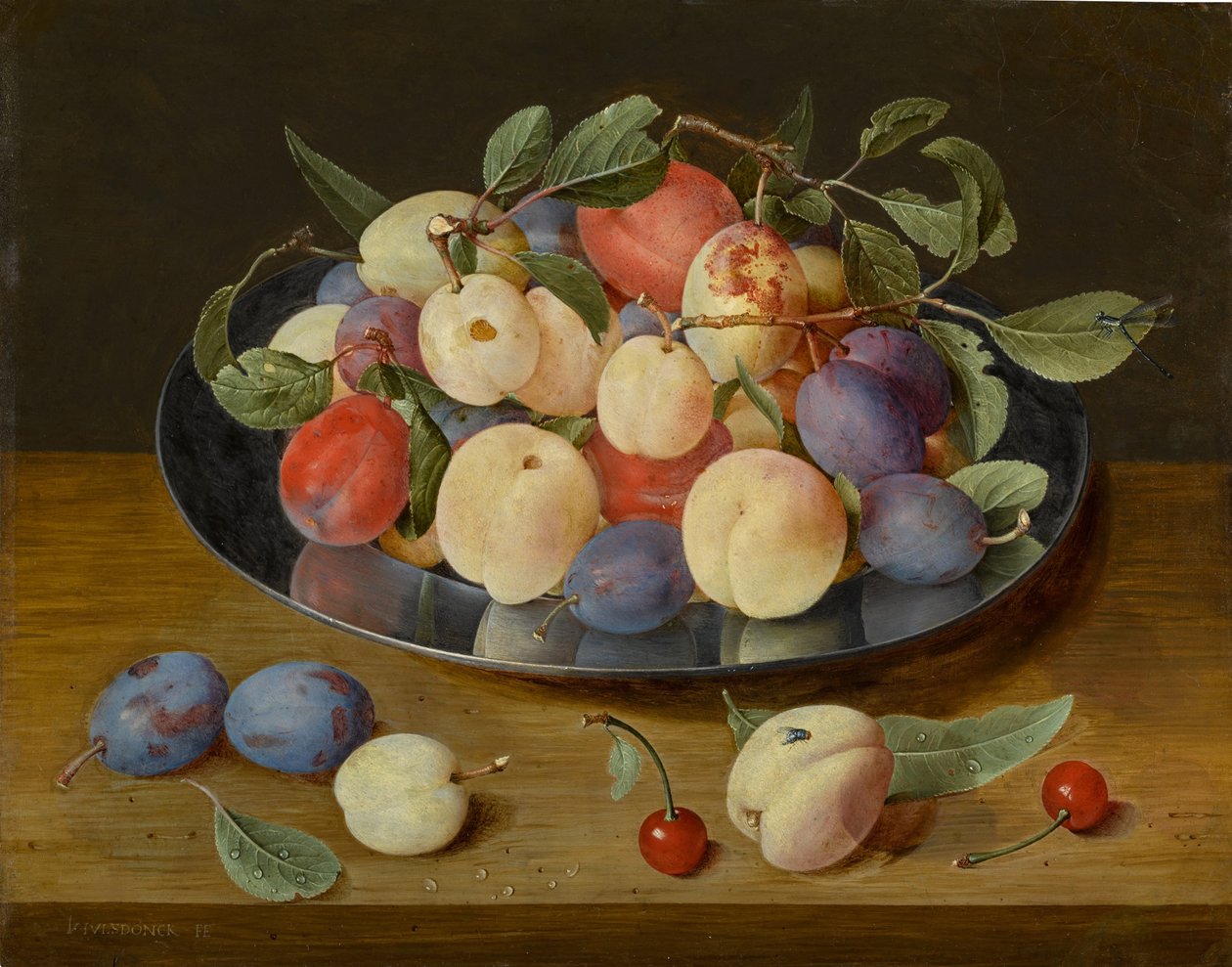 Still Life of Plums and Peaches on a Pewter Plate, with Plums, a Peach and Cherries, All on a Table by Jacob van Hulsdonck