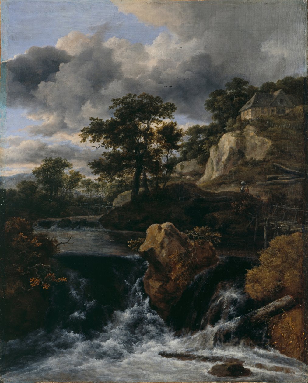 Hilly landscape with a waterfall by Jacob van Ruisdael