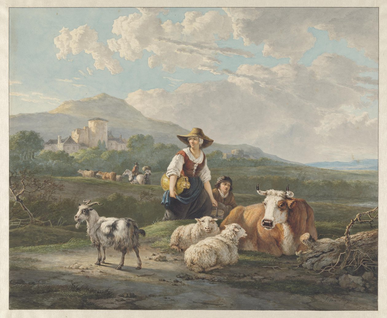 A Peasant Woman and a Boy with Sheep and a Cow in a Mountainous Landscape by Jacob van Strij
