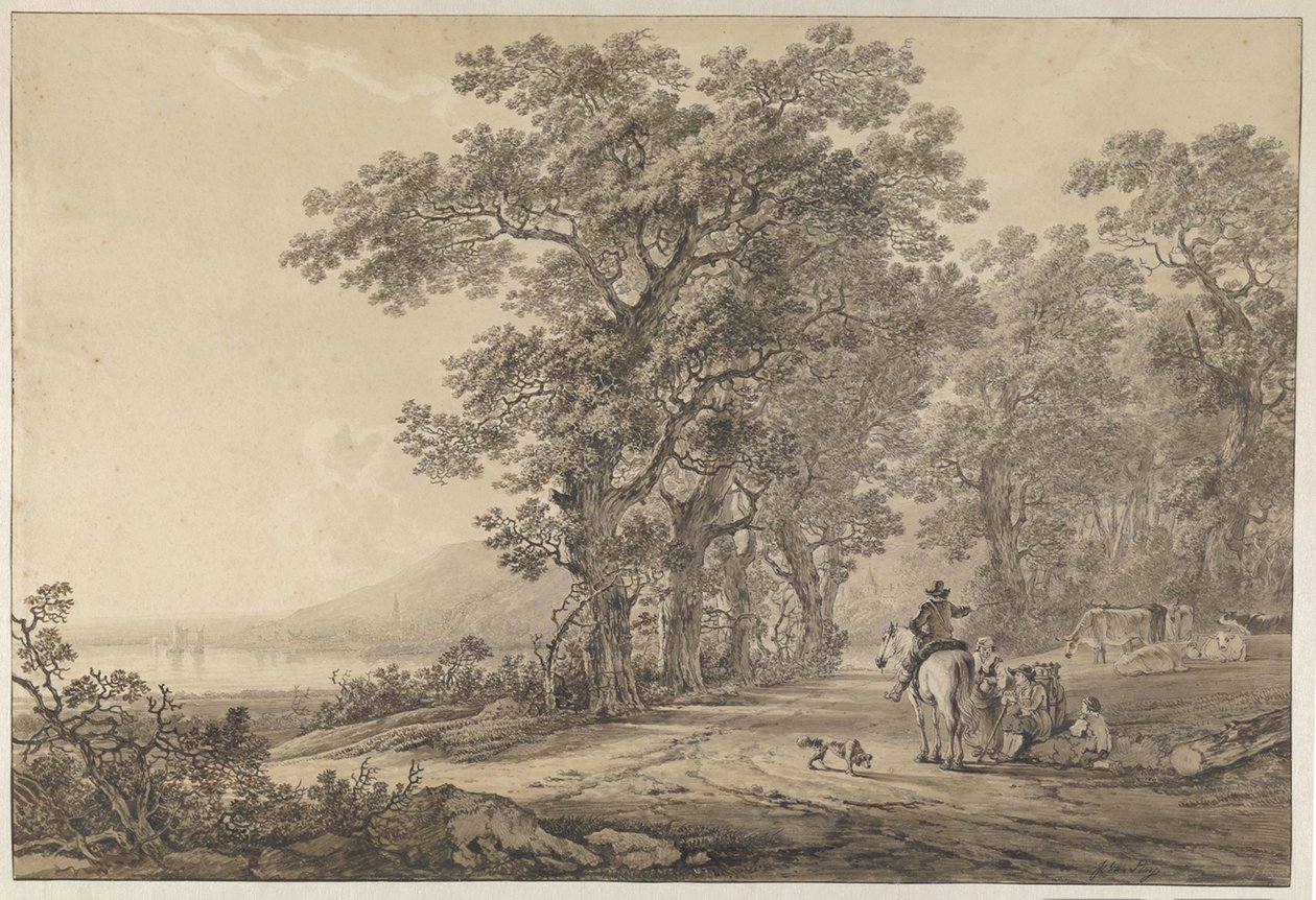 A Road with Tall Trees Along a River by Jacob van Strij