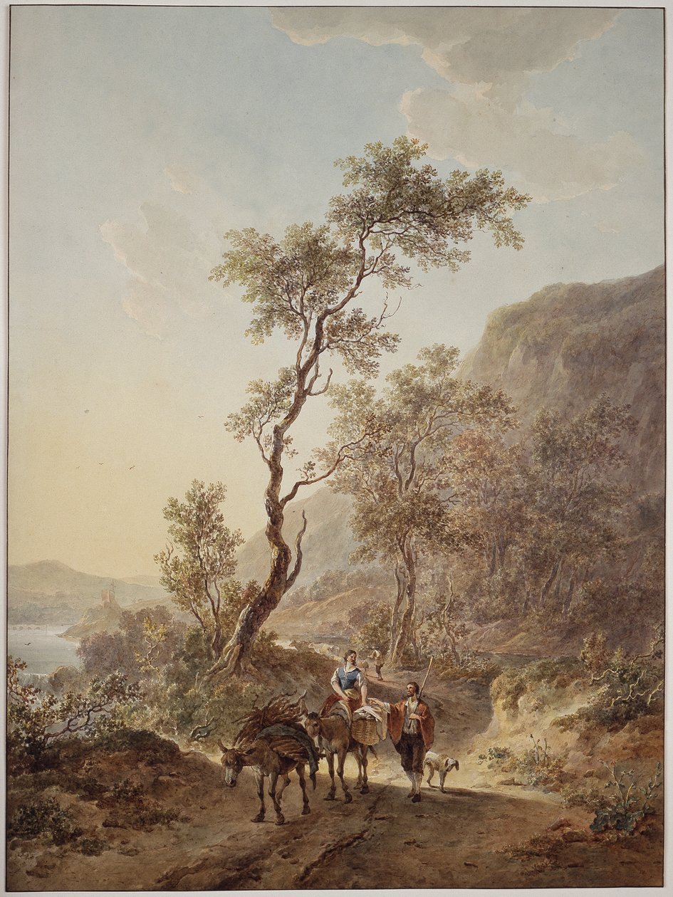 Italianised Landscape with a Pair of Shepherds on a Country Lane by Jacob van Strij