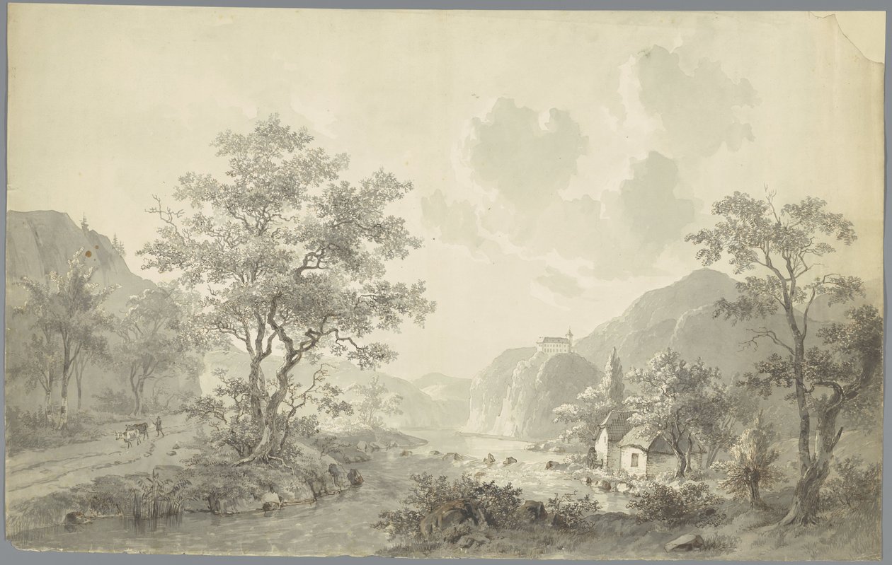 Small Waterfall by a Lake in a Mountain Landscape by Jacob van Strij
