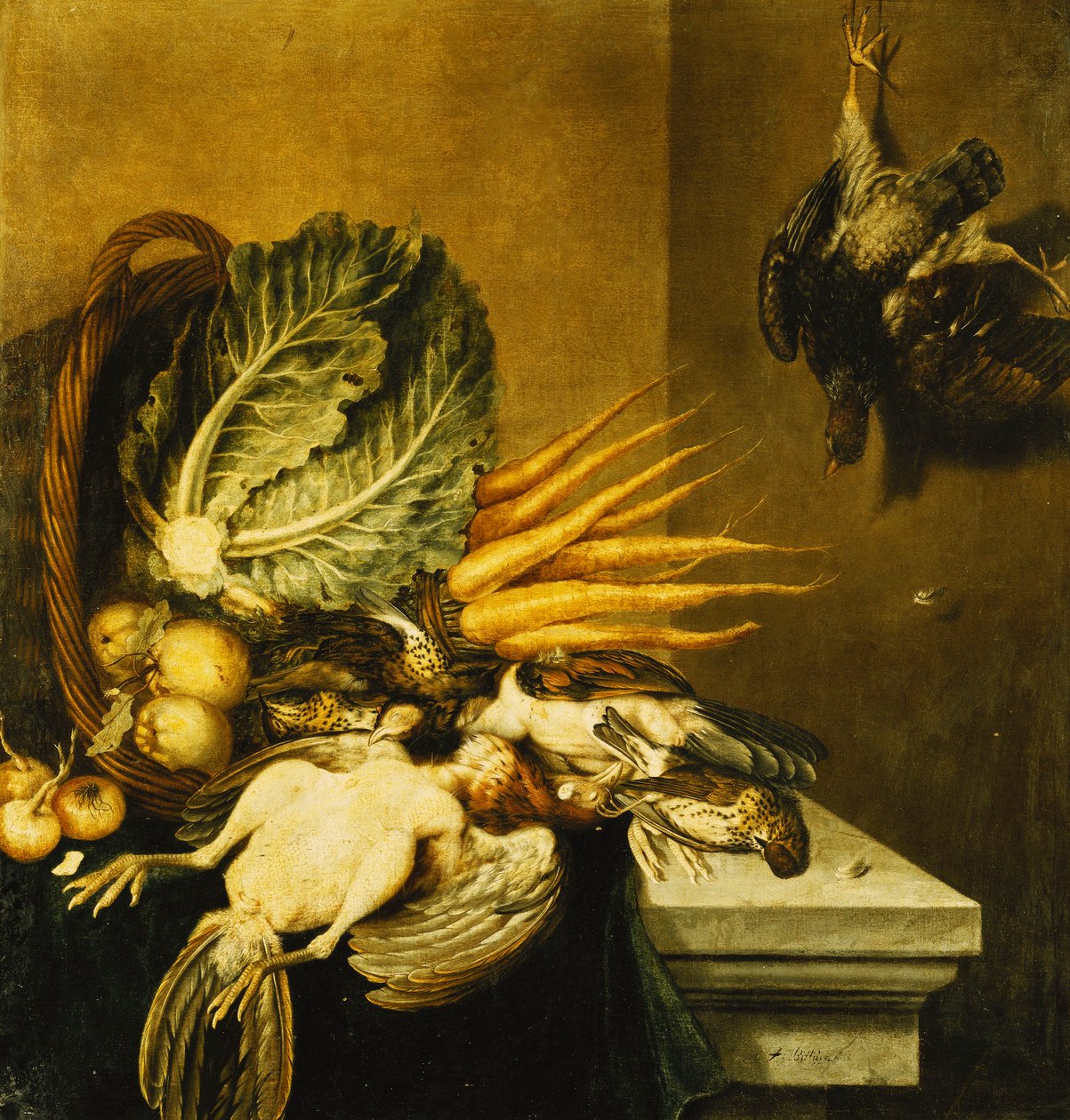 An Overturned Basket of Fowl, Turnips, Apples, Onions and a Cabbage on a Ledge Draped with a Green Cloth by Jacobus Biltius