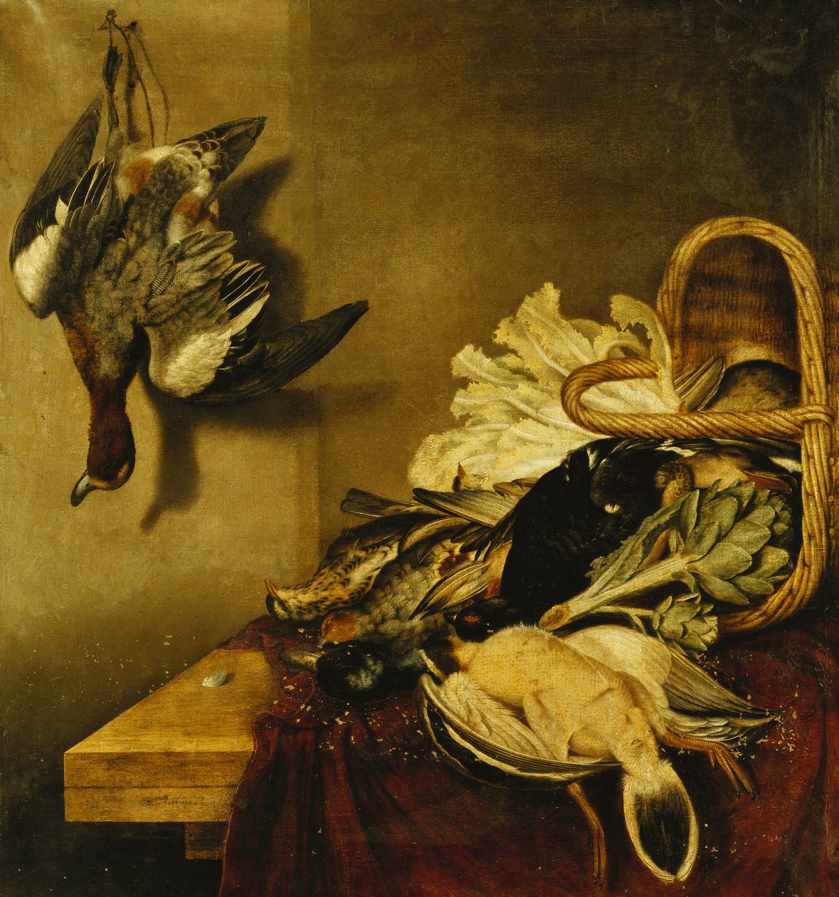 An Overturned Basket of Fowl, a Hare, an Artichoke and Lettuce on a Ledge Draped with a Red Cloth by Jacobus Biltius