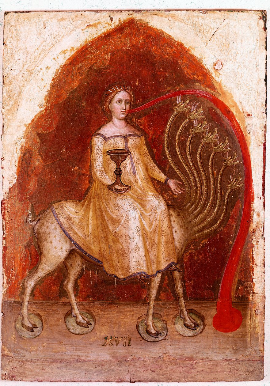 Left Panel of the Polyptych of Revelation: The Beast with Seven Heads and the Woman, Sitting on It, Rich Prostitute (detail) by Jacopo Alberegno
