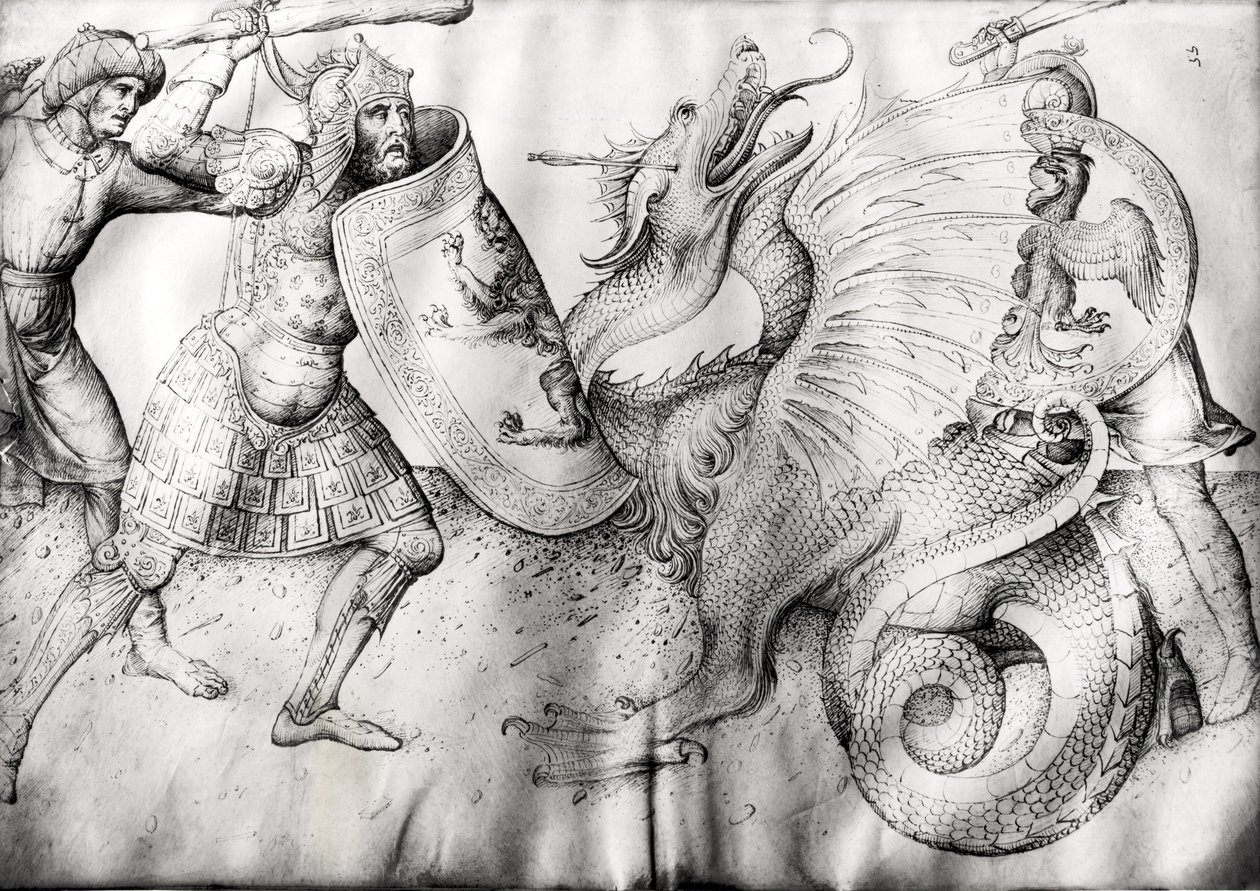 Battle between warriors and a dragon, c.1450 by Jacopo Bellini