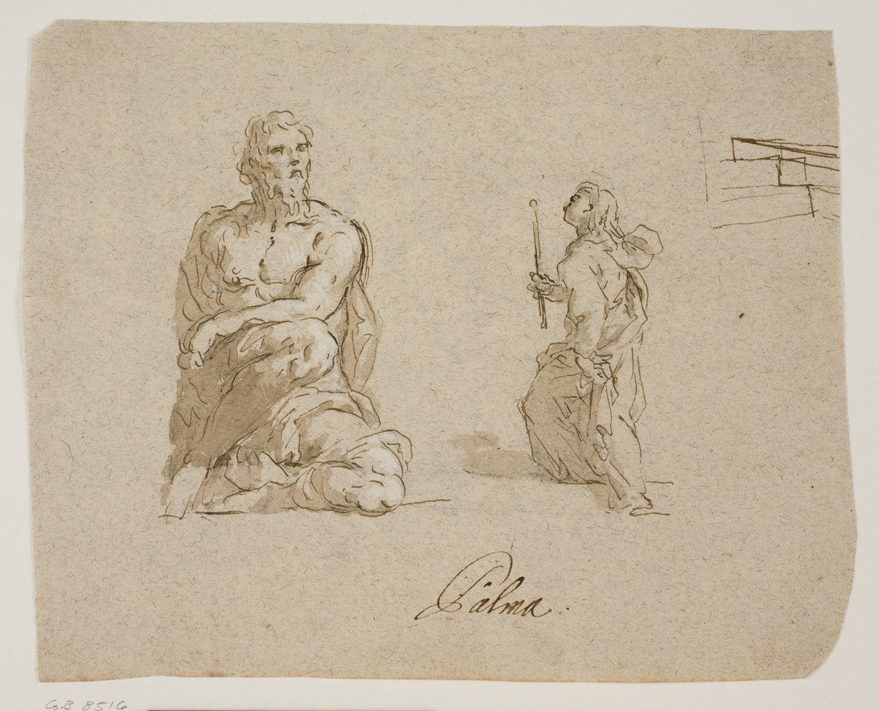 Kneeling Man, Girl with a Candle Mounting Stairs (the Virgin Entering the Temple), Perspective Sketch for the Stairs by Jacopo Palma