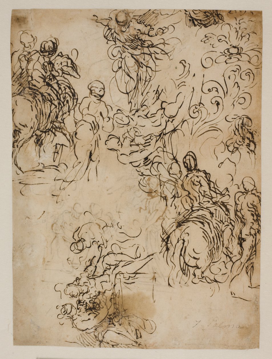 Sketches for Christ Hovering in the Air, Horsemen, a Seated Couple and a Flower Ornament by Jacopo Palma