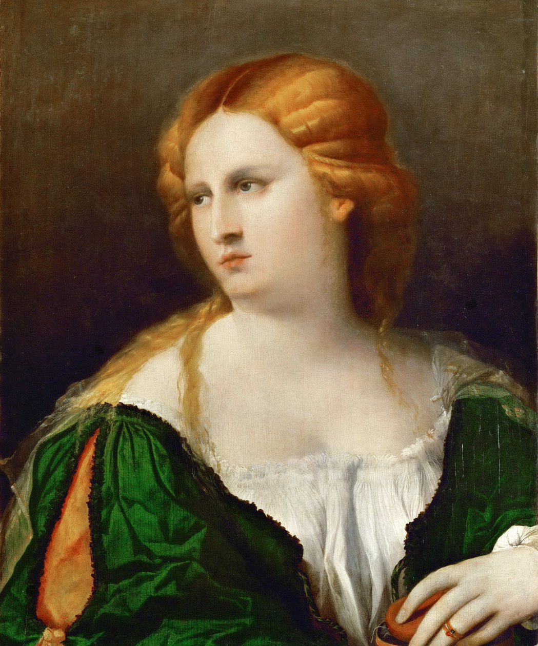 Young Woman in a Green Dress, a Box in Her Hand by Jacopo Palma il Vecchio the Elder