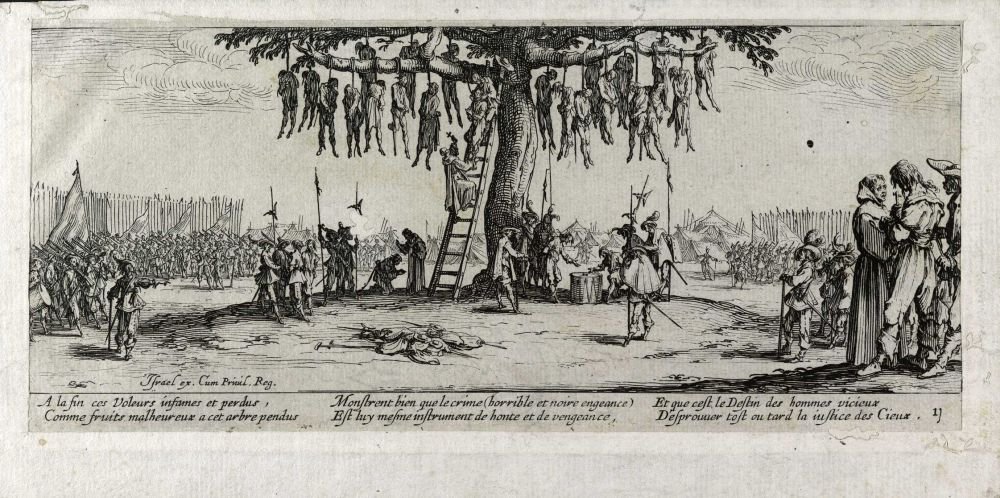 The Torture of the Gallows (Les miseres et les mal-heures de la guerre, pl. 11) by Jacques Callot