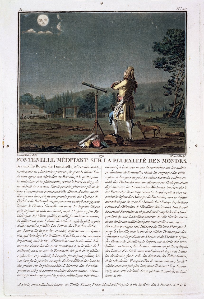 Bernard le Bovier de Fontenelle contemplating the plurality of worlds (engraved by Jean Baptiste Morret, 1791) by Jacques Francois Joseph Swebach