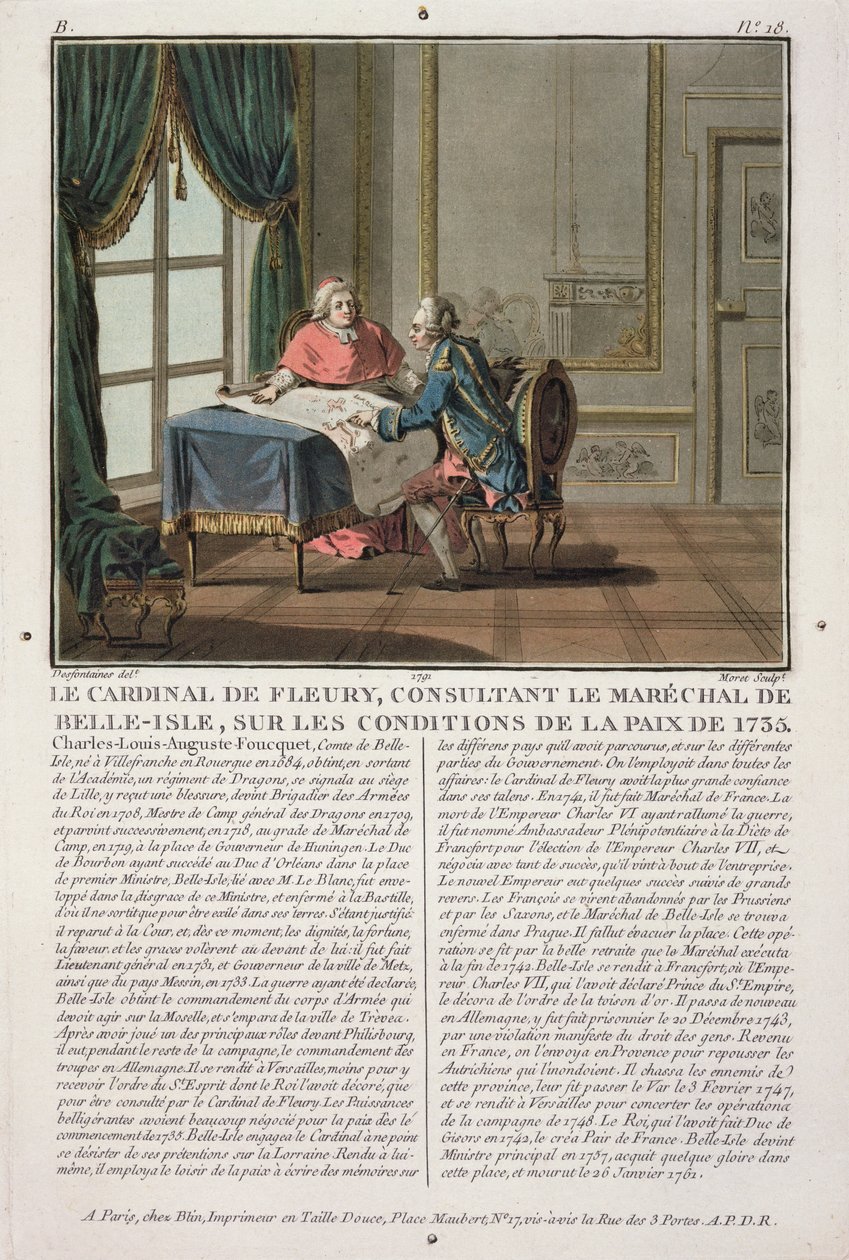 Cardinal de Fleury consults with Marechal de Belle-Isle on the conditions of the Peace, 1735, engraved by Jean Baptiste Morret, 1791 by Jacques Francois Joseph Swebach
