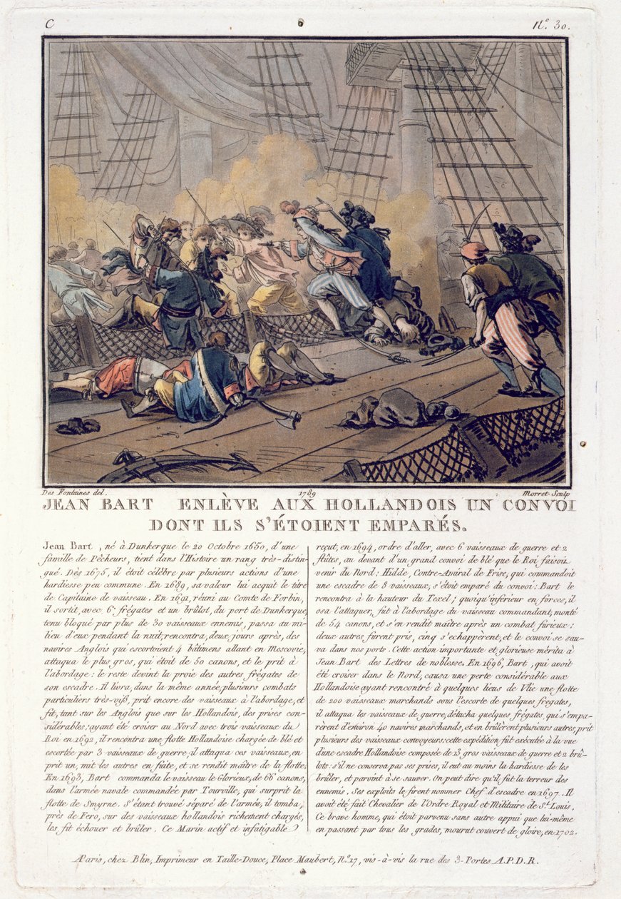 Jean Bart, French naval commander taking the Dutch convoy, 1696, engraved by Jean Baptiste Morret, 1789 by Jacques Francois Joseph Swebach