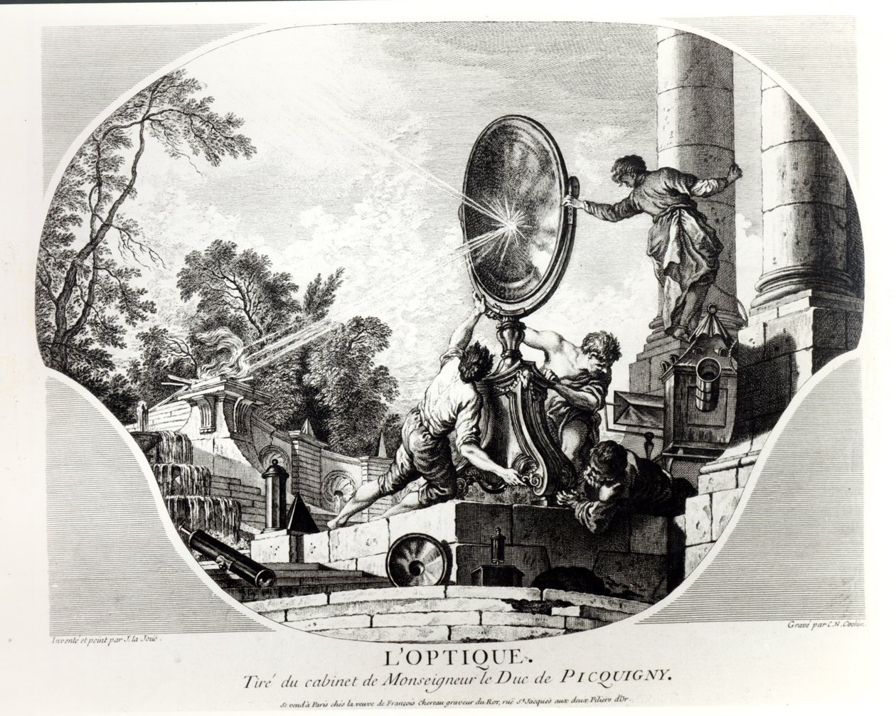 Burning mirror, allegory of Optics, engraved by Charles Nicolas Cochin by Jacques de Lajoüe