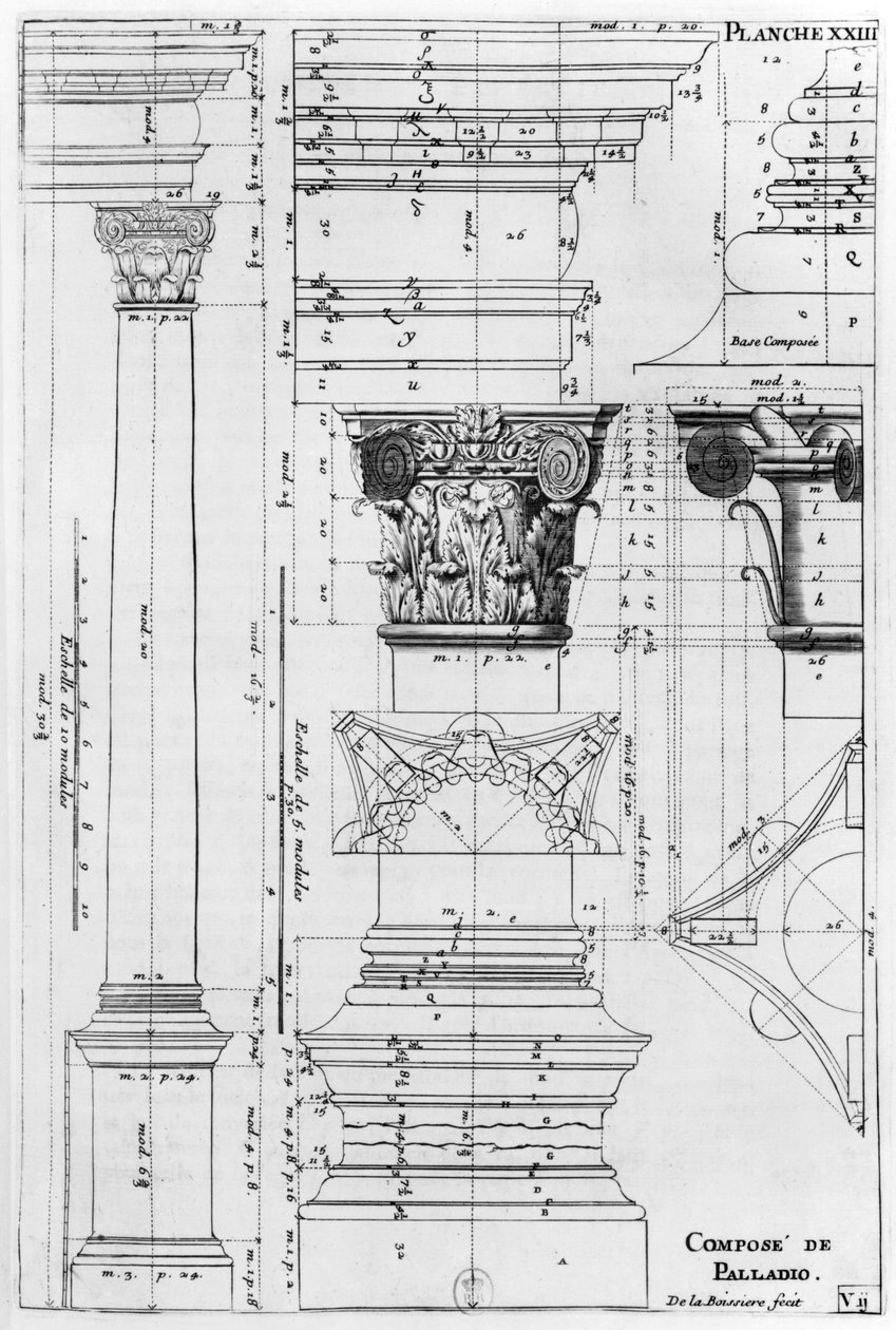 Section and Elevation of a Composite Column Designed by Andrea Palladio, Engraved by de La Boissiere, Illustration from 