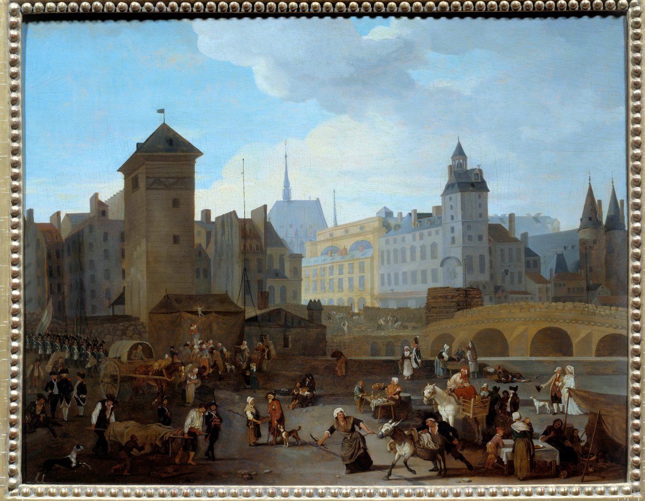 French Revolution: View of the bridge and the pump Notre-Dame in Paris by Jacques Albert Senave