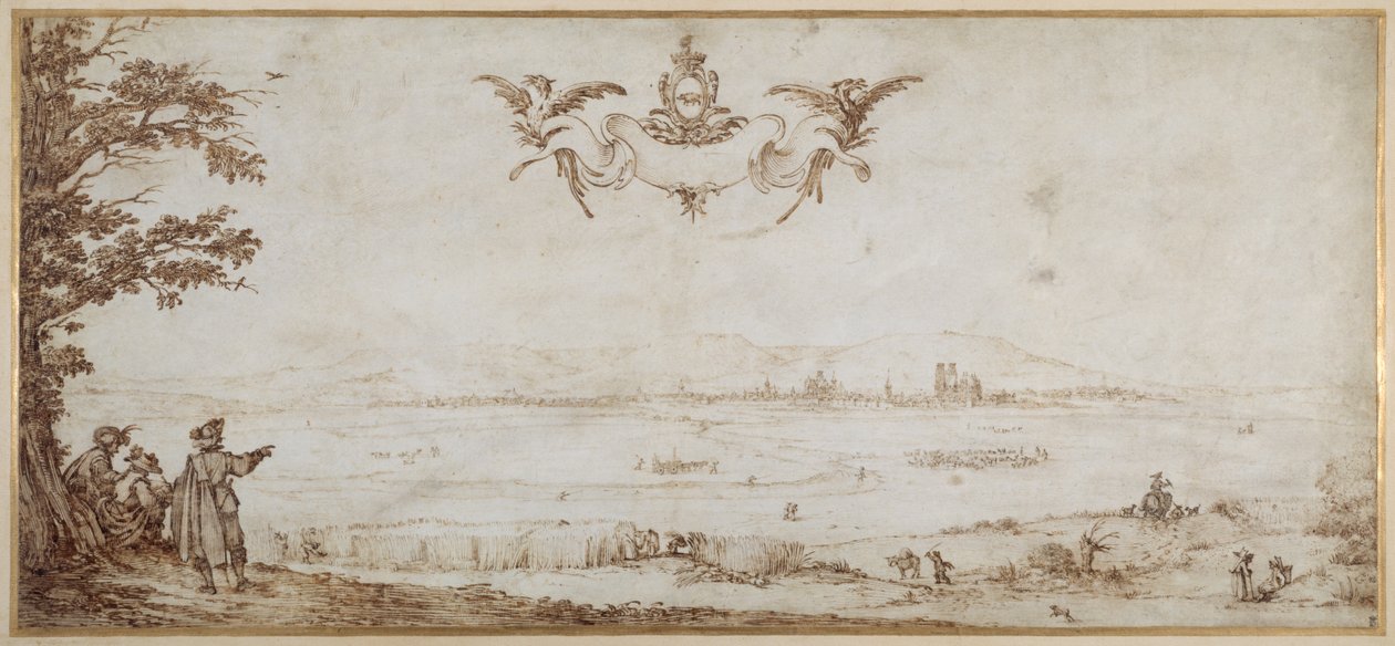 A View of Toul across the Plain, Landscape with Figures, the Sky with the Arms of Porcellets by Jacques Callot