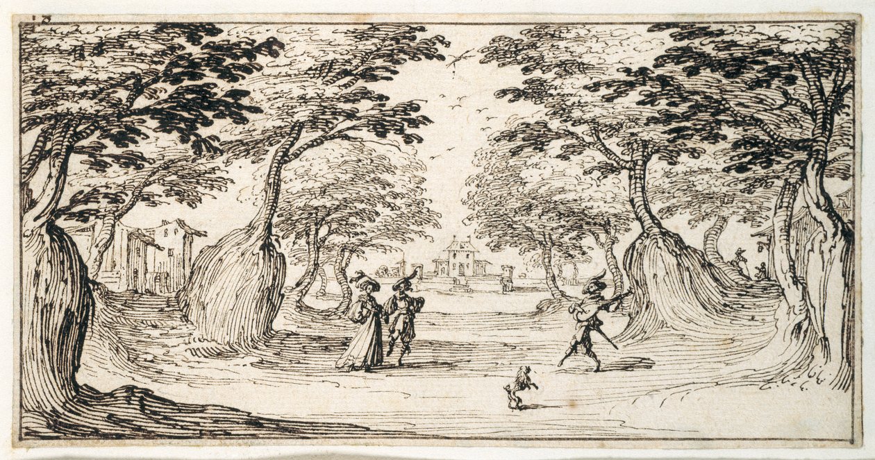 A fine lady and gentleman dancing in the woods to a lute, a chateau in the distance by Jacques Callot