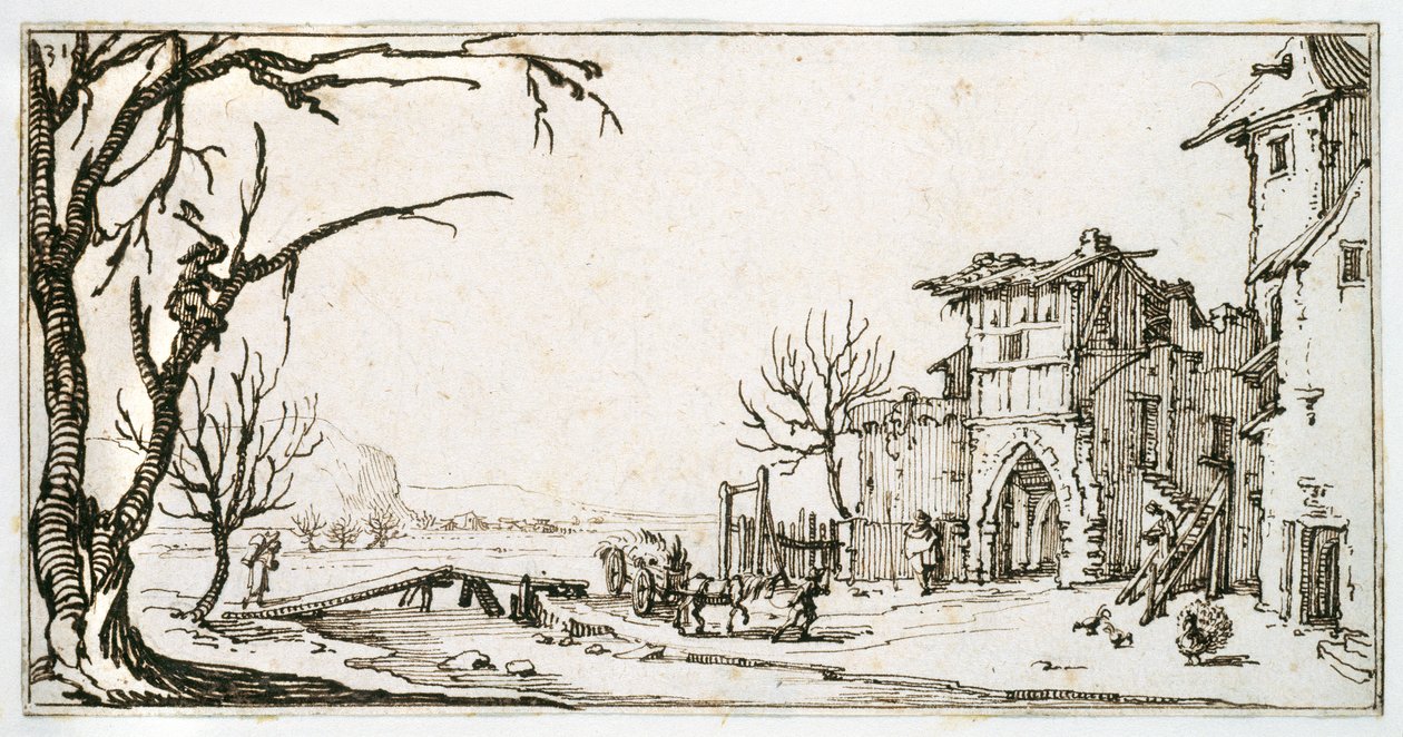 A Haywain Being Brought to the Medieval Gate of a Village, a Man Lopping a Branch, from an Album Belonging to Israel Silvestre, c.1630 by Jacques Callot
