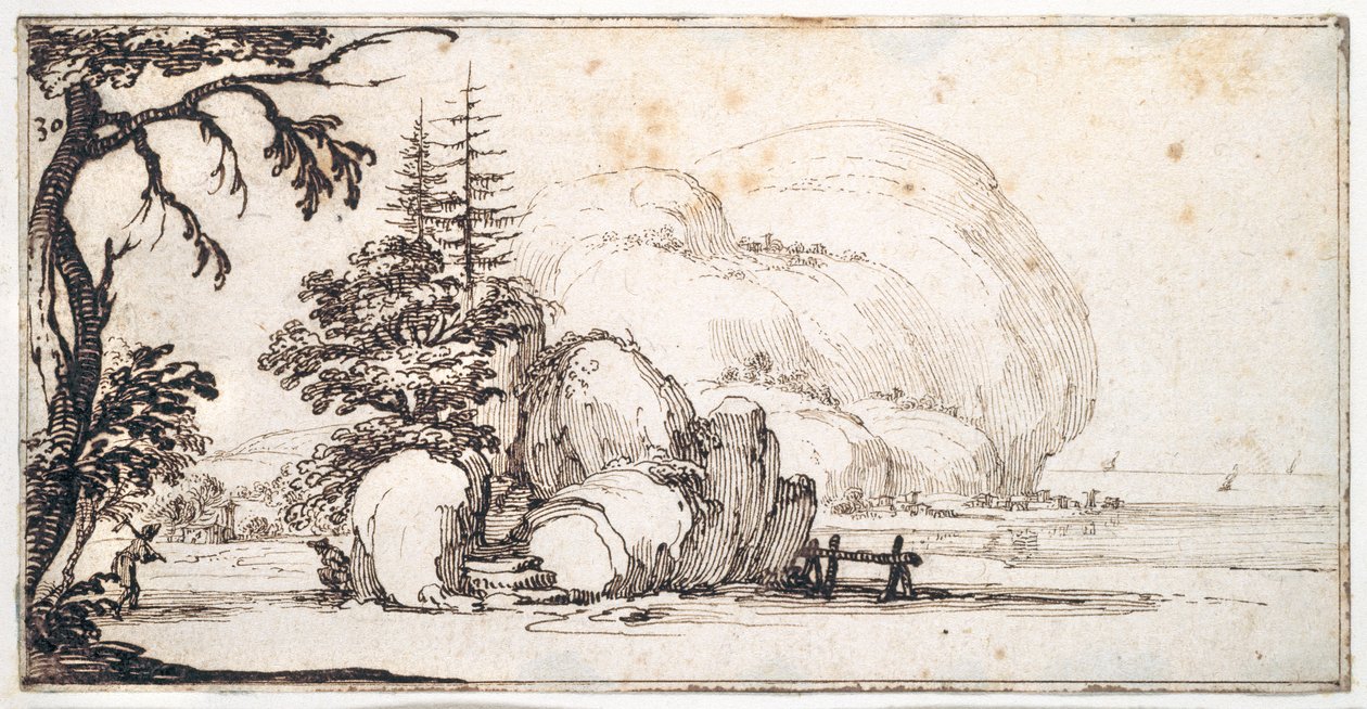 Fantastic rocks by the coast, buildings at the shore by Jacques Callot