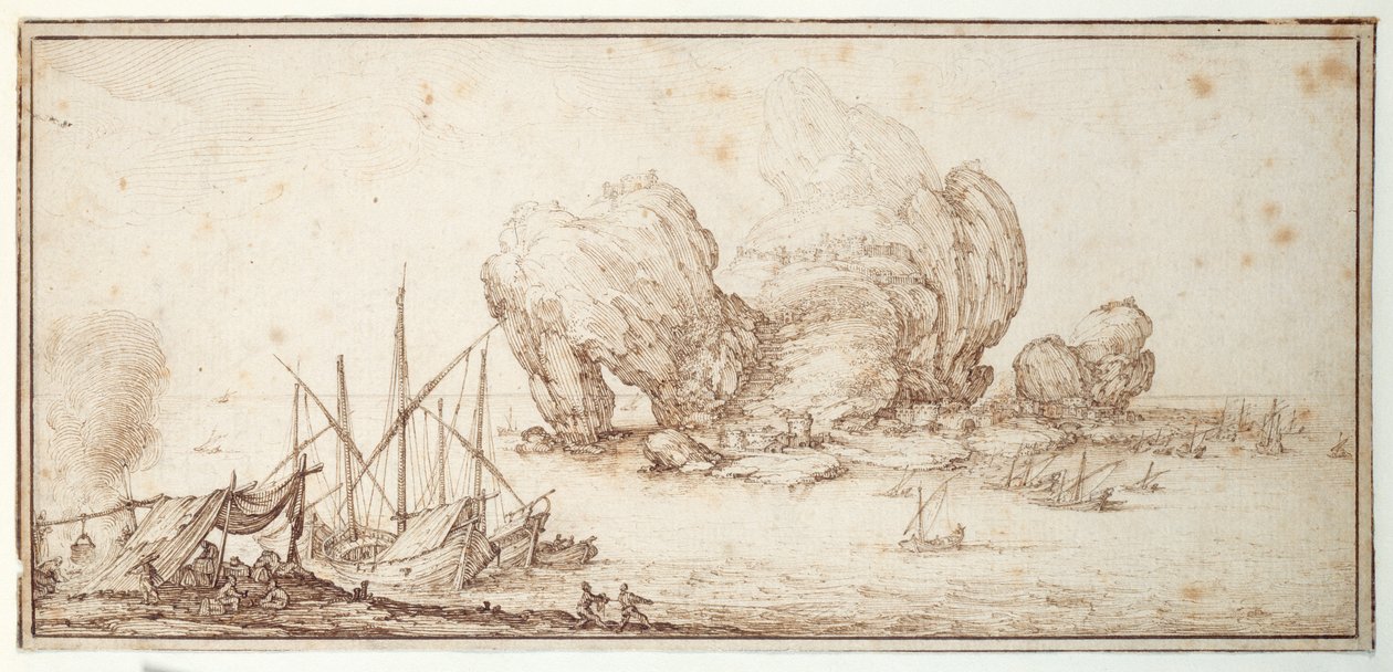 Fantastic Rocks, Fortified. Shipping. Mariners Bivouac in Sight of Their Craft (Le Grand Rocher) by Jacques Callot