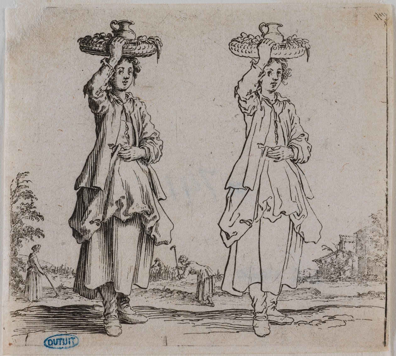 Various Figures, The Peasant Woman Seen from the Front Holding a Basket on Her Head. Sixth Number of a Suite of 16 Pieces by Jacques Callot
