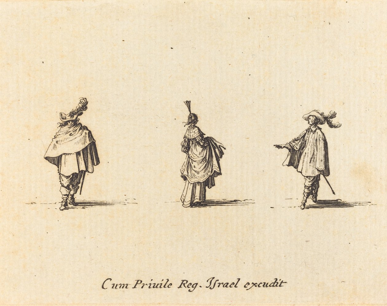 Lady with Dress Gathered Up, and Two Gentlemen by Jacques Callot