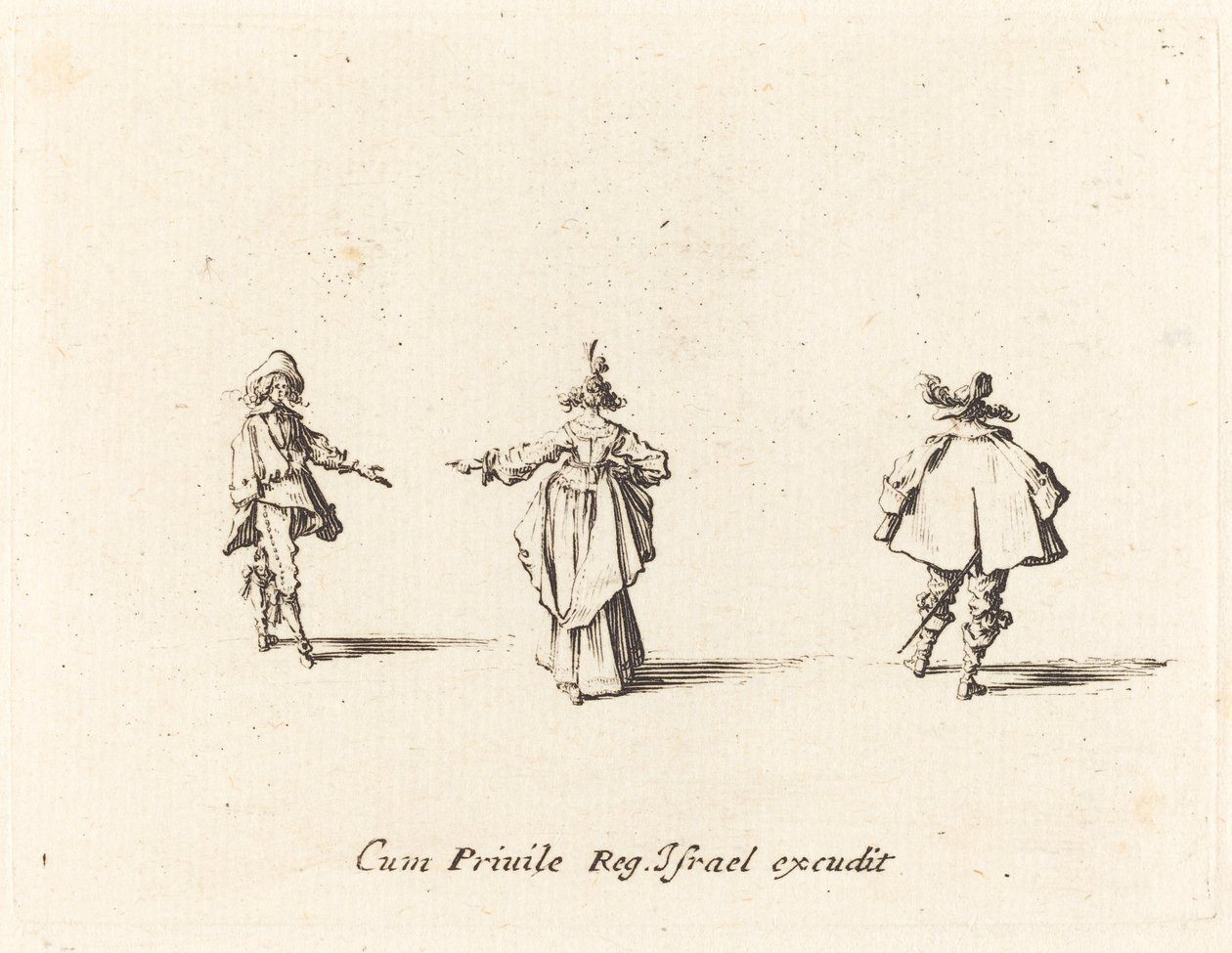 Lady with Outstretched Arm, Seen from Behind, and Two Gentlemen by Jacques Callot