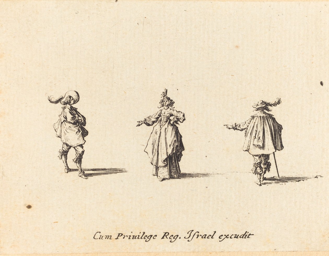 Lady with Outstretched Arm, and Two Gentlemen by Jacques Callot