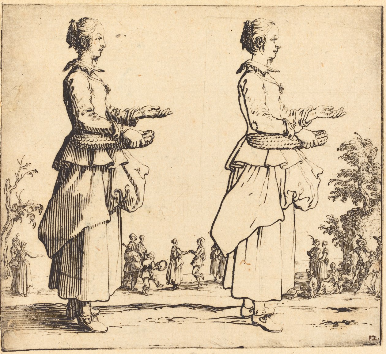 Peasant Woman with Basket, in Profile, Facing Right, 1617 and 1621 by Jacques Callot