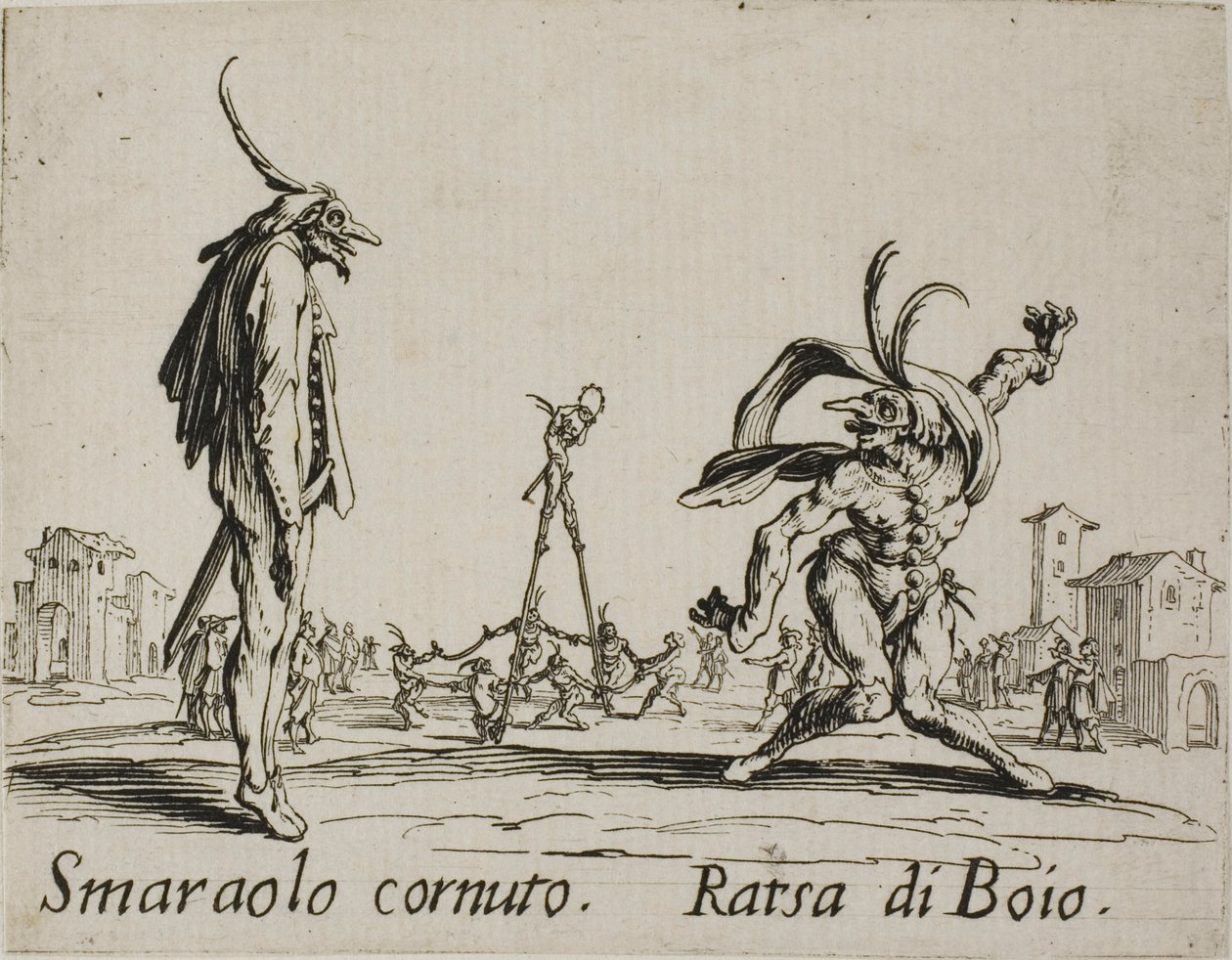 Smaraolo Cornuto - Ratsa di Boio, Plate 4 from Balli di Sfessania by Jacques Callot