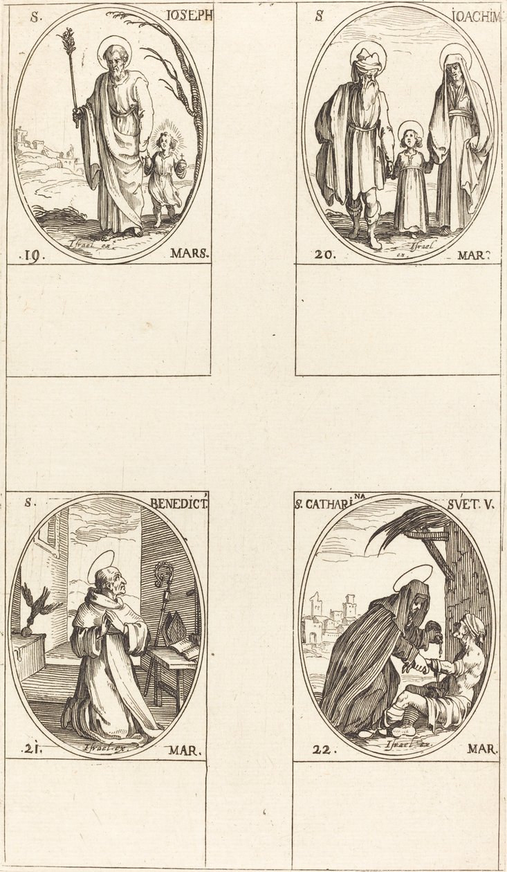 St. Joseph, St. Joachim, St. Benedict, Abbot, St. Catharine of Sweden by Jacques Callot