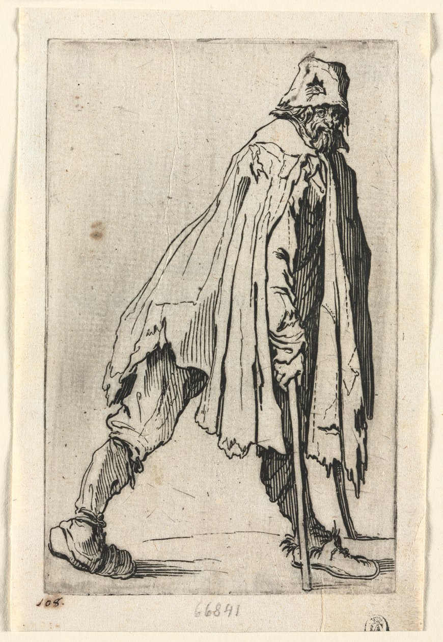 The Beggars: The Beggar on Crutches, Wearing a Cap, c. 1623 by Jacques Callot