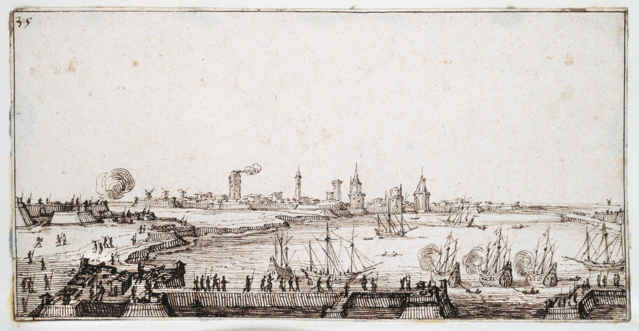View of the harbour of La Rochelle with galleons firing a salute by Jacques Callot