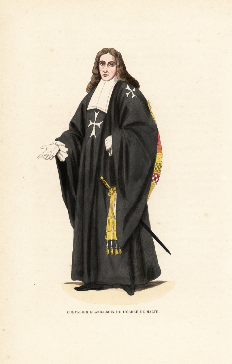 Grand Cross of the Knights Hospitaller, Order of Malta, Order of Knights of the Hospital of Saint John of Jerusalem, Chevalier Grand-Croix de l’Ordre de Malte. Handcoloured woodblock engraving after an illustration by Jacques Charles Bar from Abbot Tiron’s by Jacques Charles Bar