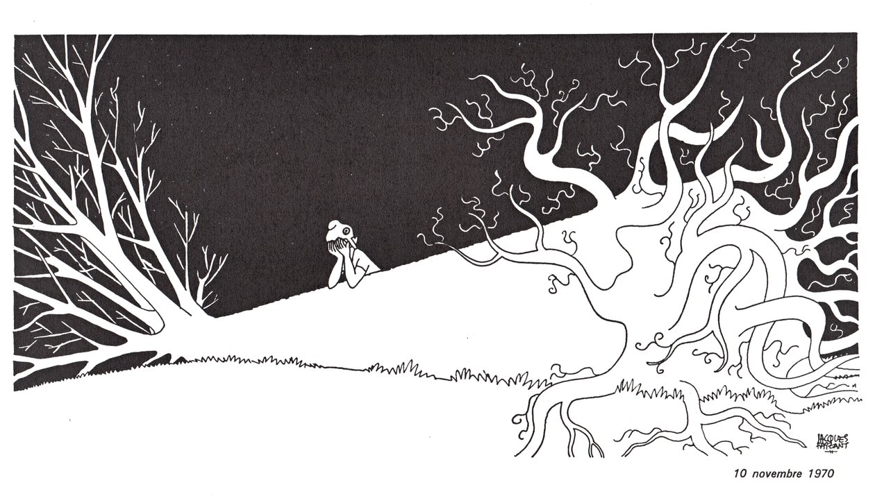 Marianne mourns the death of General De Gaulle, represented by a slaughtered oak by Jacques Faizant