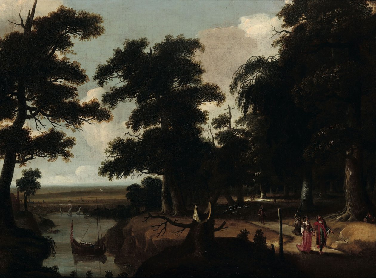 Woodland landscape near a river by Jacques Fouquier