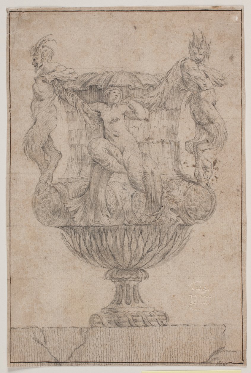 Decorative Vase with Pan, Faun, and Nymph. Copy after Pl. 14 in the Suite of Vases Drawn by Saly in 1746. "Vasa a se inventa..." by Jacques Francois Joseph Saly