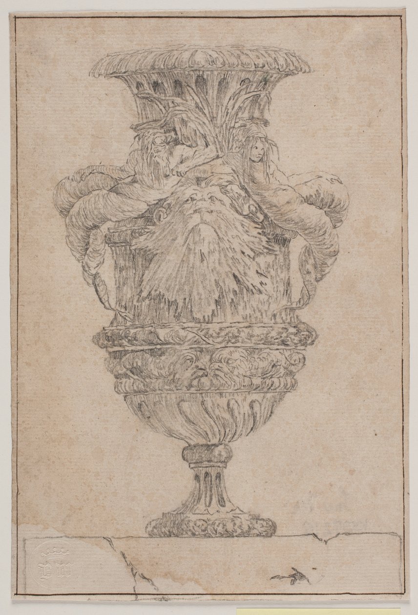 Decorative Vase with Large Head, Sea God and Water Nymph. Copy after Plate 26 in the Suite of Vases Drawn by Saly in 1746. 