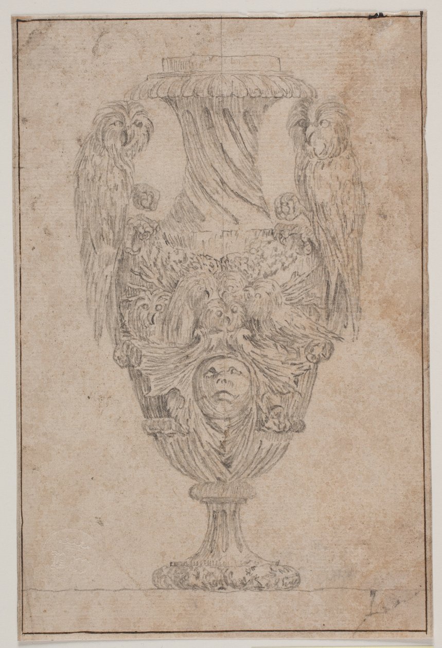 Decorative Vase with Two Owls and a Head. Copy after Plate 15 in the Suite of Vases Drawn by Saly in 1746, "Vasa a se inventa..." by Jacques Francois Joseph Saly