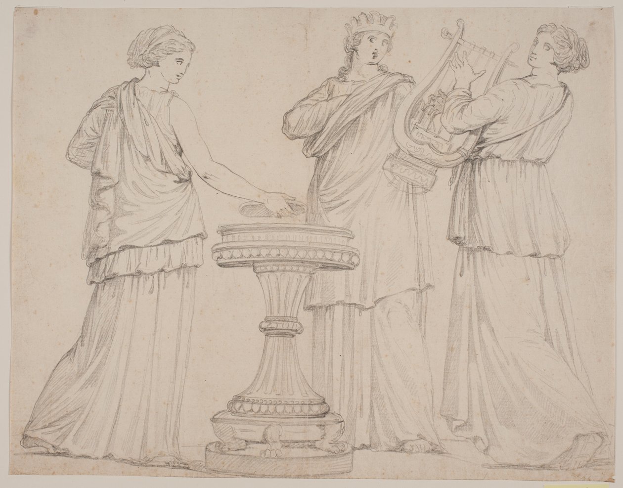 Three Women in Greek Garments at an Altar. Woman on the left with a tablet (?), in the middle with a crown, on the right with a lyre (Terpsichore?) by Jacques Francois Joseph Saly