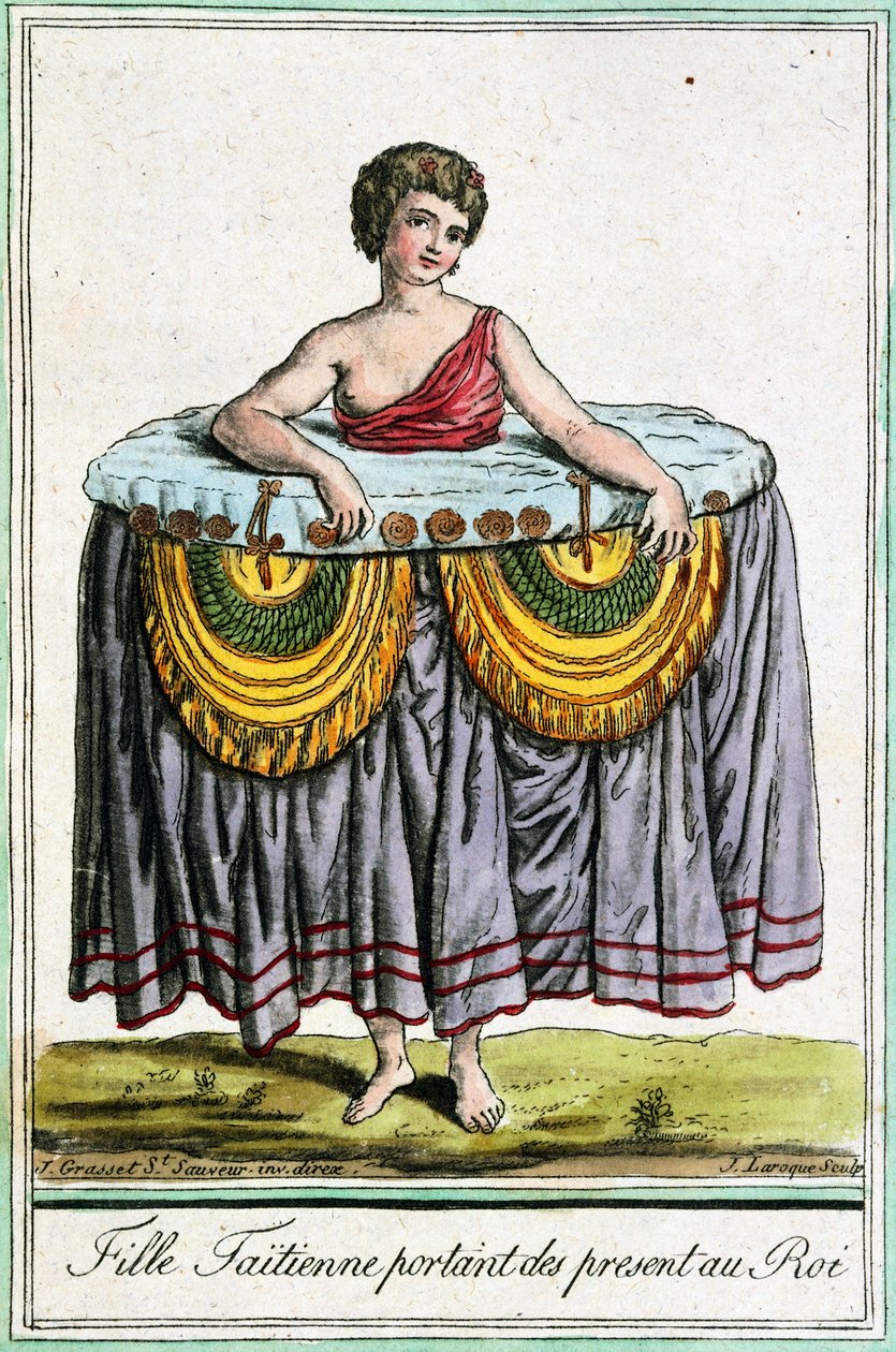 Young woman offers gifts to the king, Tahiti, Society Islands, engraving from Encyclopedia of voyages by Jacques Grasset de Saint Sauveur