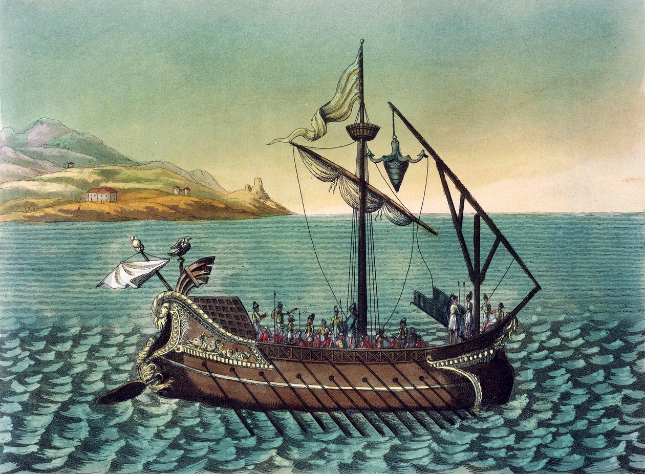 Duilius Corvus on Roman Galley Warship, engraving from Ancient Rome by Jacques Grasset de Saint Sauveur