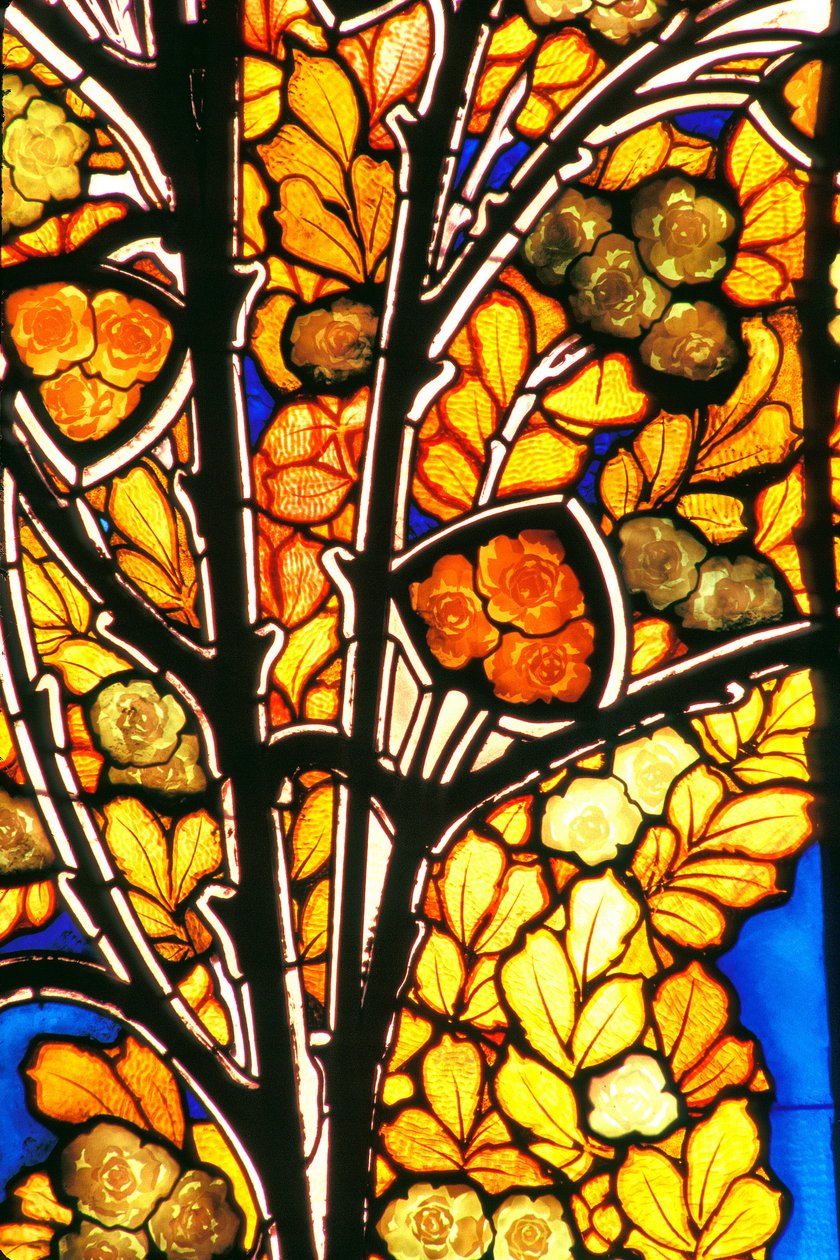 Nancy, Art Nouveau, Hotel Bergeret, Stained glass roses & seagulls by Jacques Gruber